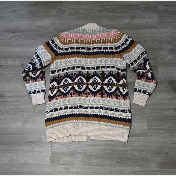 LL Bean Womens Fair Isle Cotton Ragg Open Front Cardigan Size M Chunky Winter - Picture 2 of 11